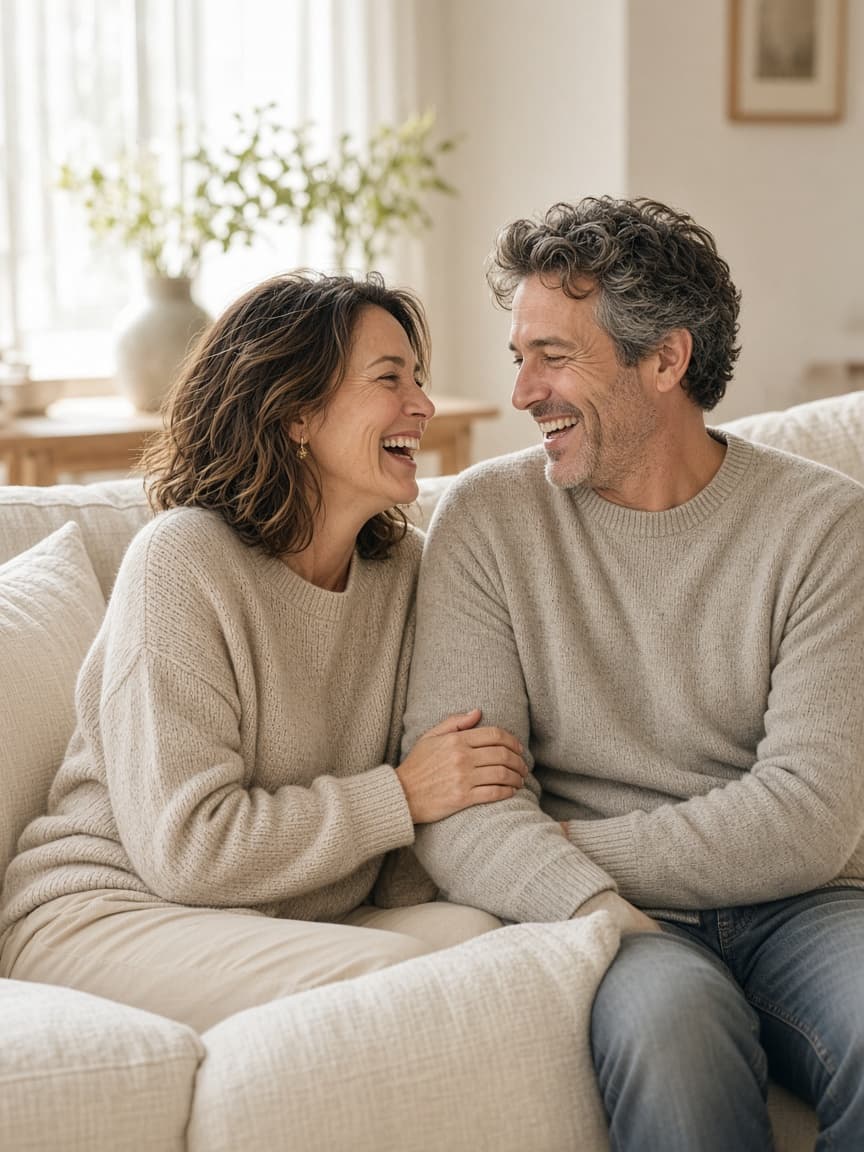 A couple laughing together on a sofa in bright daylight