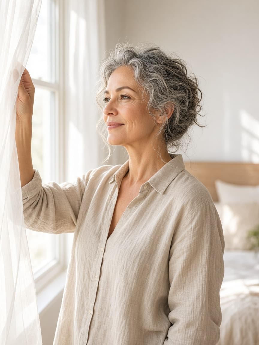 A woman opening a bedroom curtain in morning light