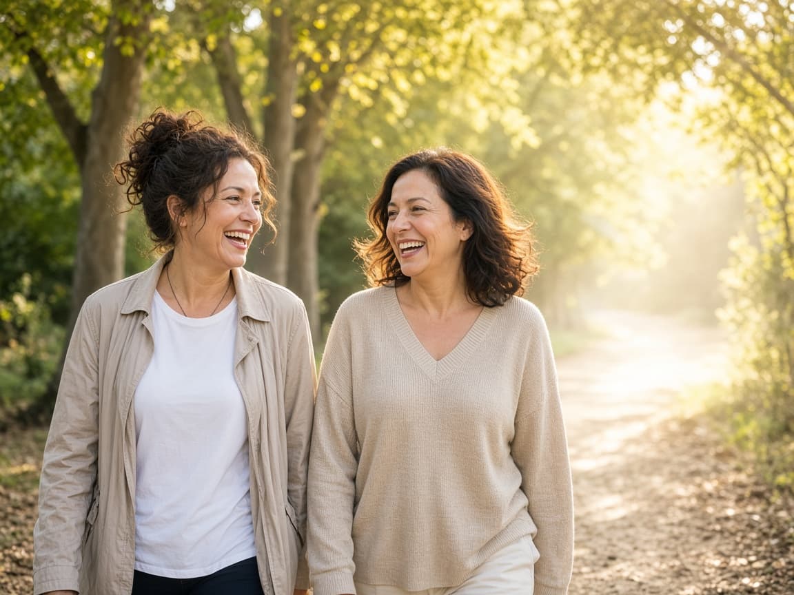 Two friends laughing together while walking in morning light