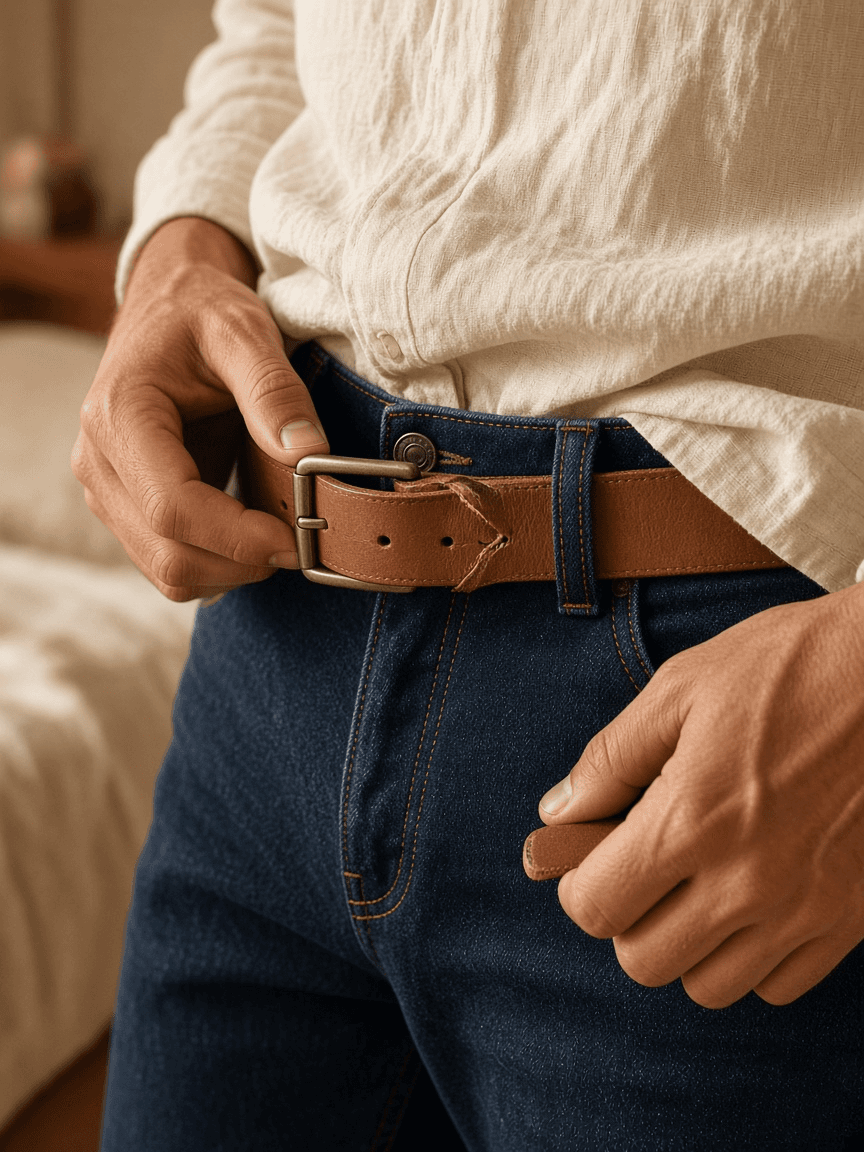Close detail of hands fastening a leather belt at a notch well past the old worn crease