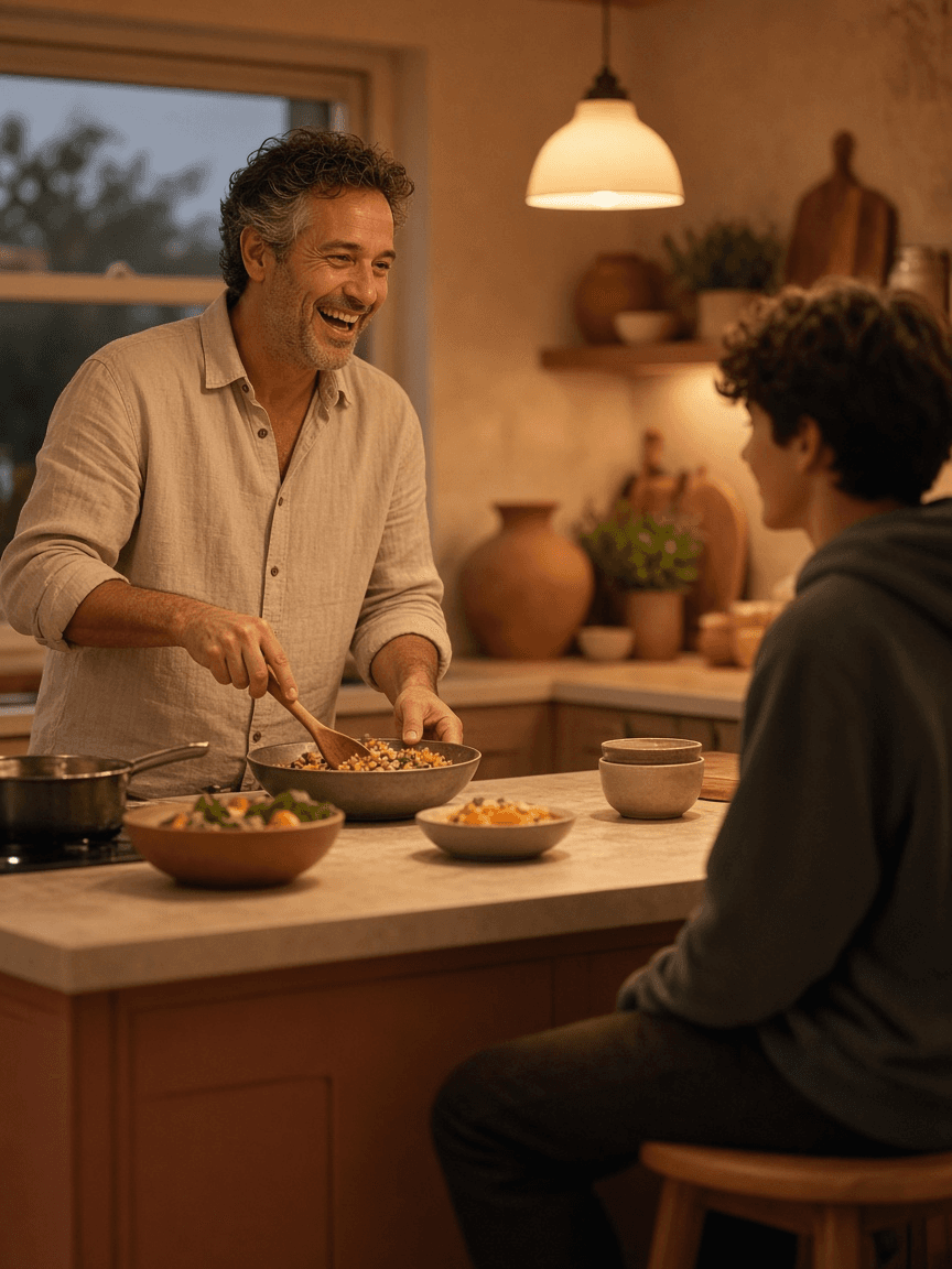 A man in his forties laughing while cooking dinner at a kitchen island in the evening