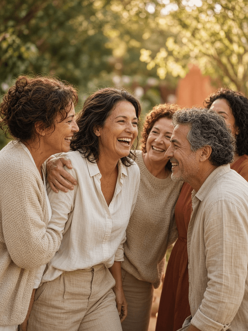 A woman being pulled laughing into a group photograph by friends at a family gathering
