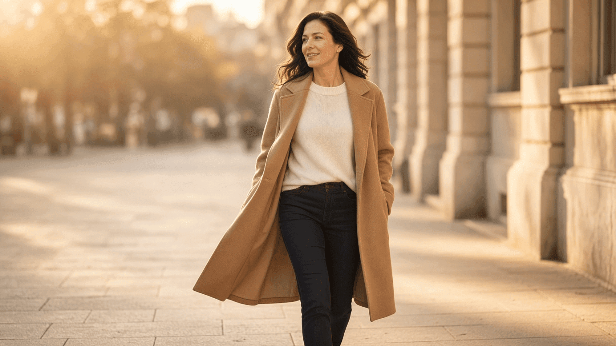 A woman in her forties walking along a bright city street in early morning light