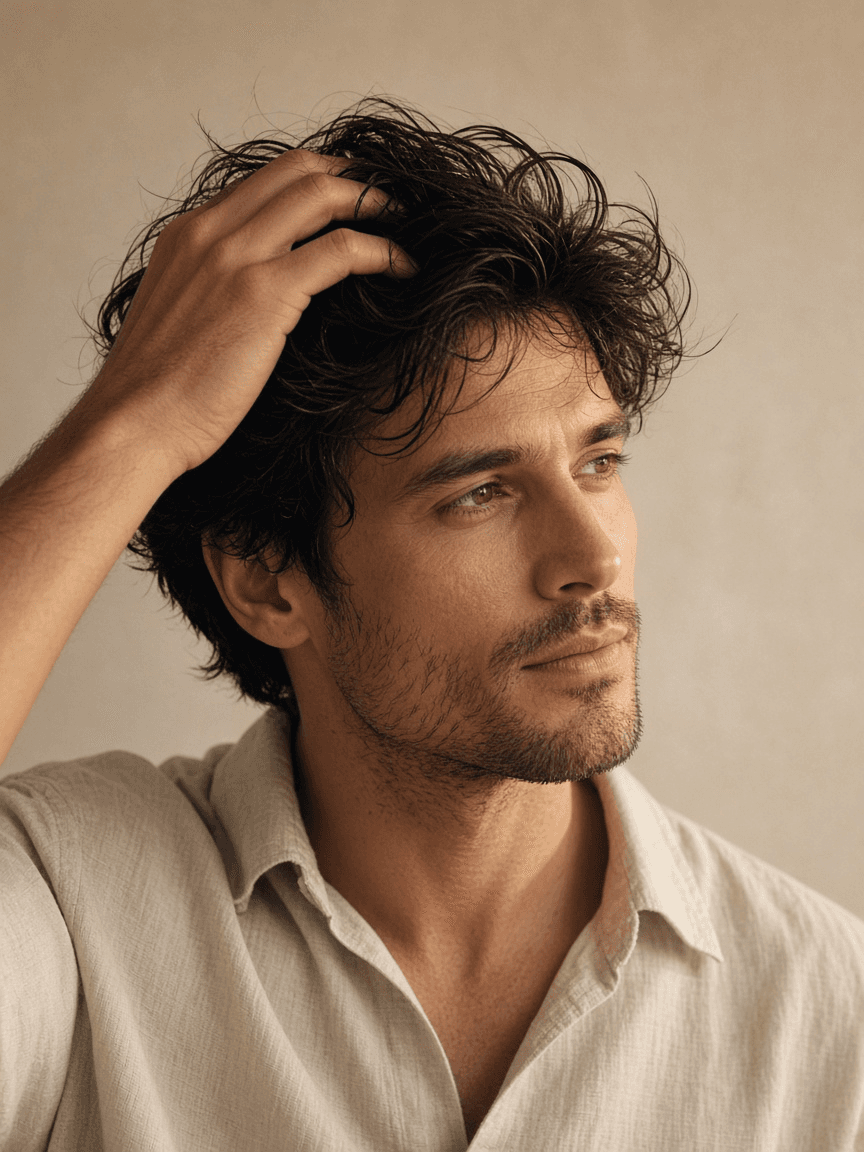 A man in his thirties pushing a hand back through thick dark hair in warm light