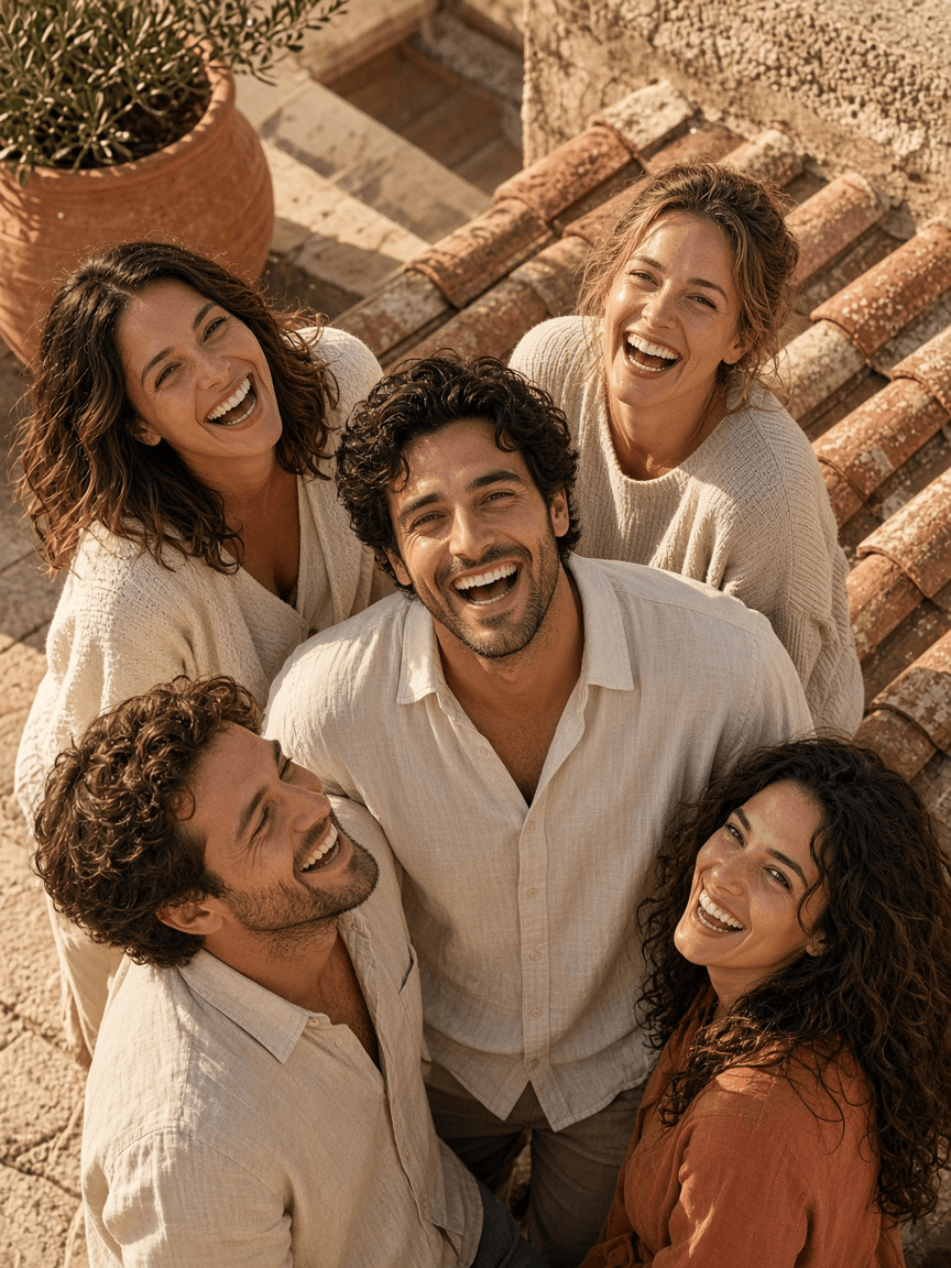 A group of friends laughing on a rooftop, photographed from above