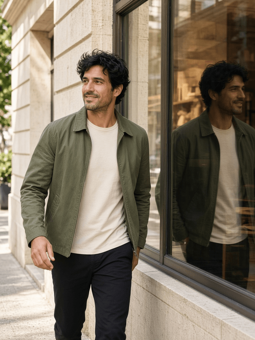 A man in his thirties walking past a shop window without checking his reflection
