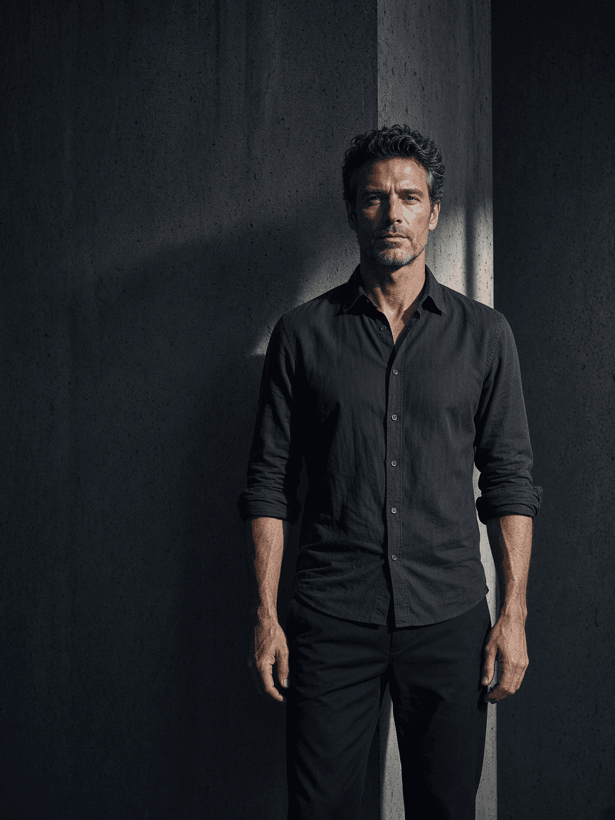 A man in his forties standing in hard directional light against a concrete wall