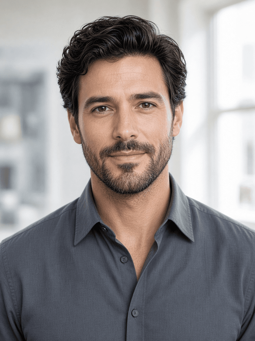 A man in his late thirties with a full head of dark hair by a window