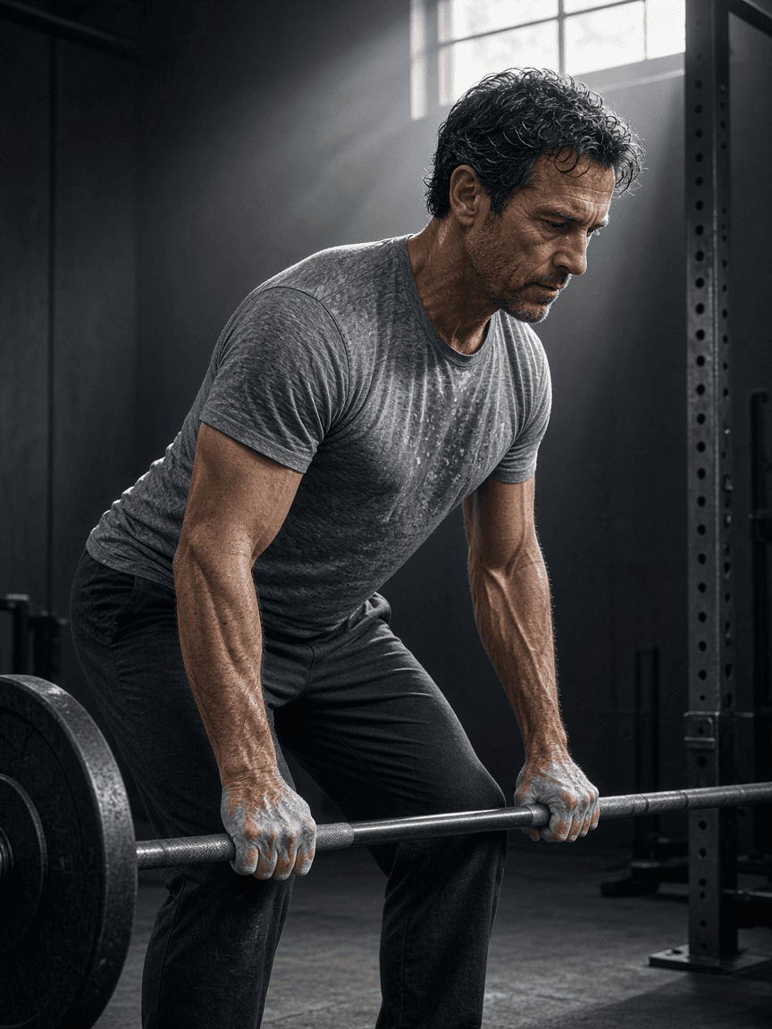 A man in his forties mid-set at a barbell in a minimal training space