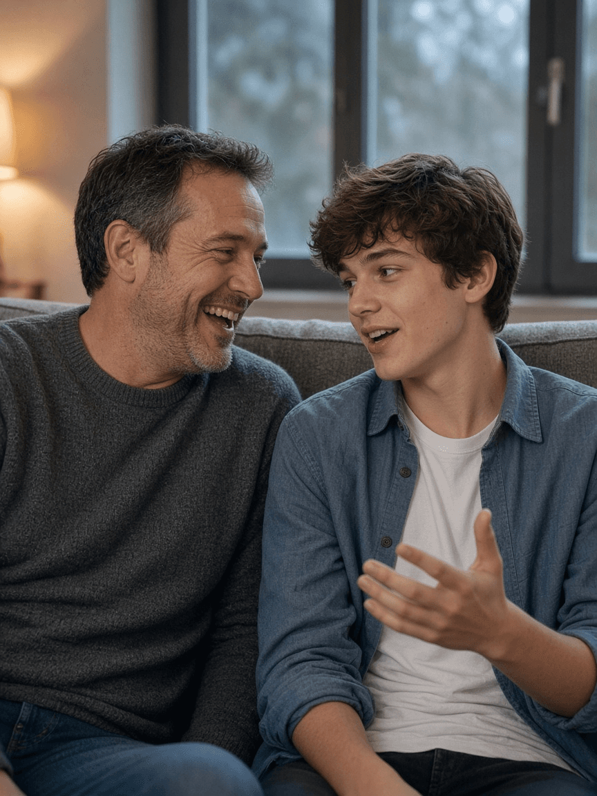 A man in his forties laughing with his teenage son on a couch