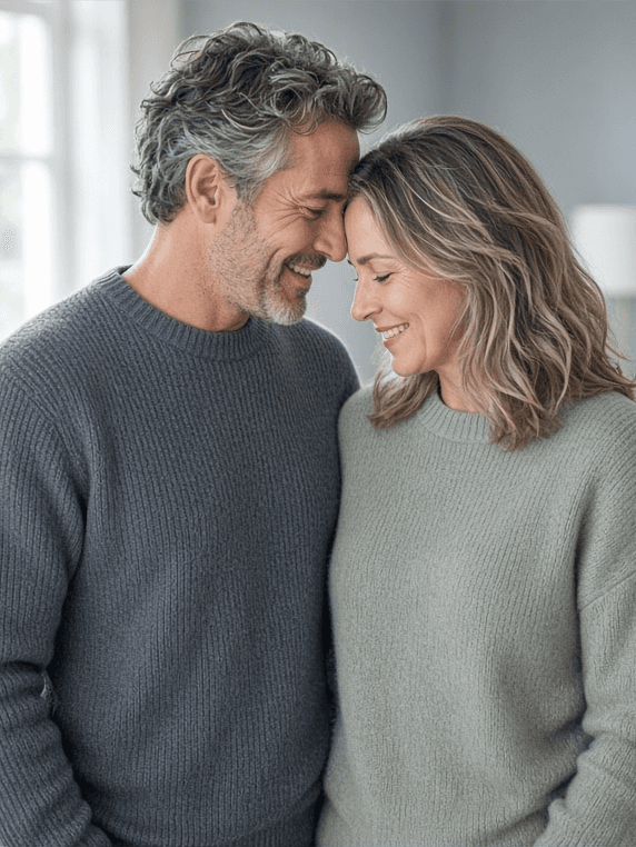 A couple in their forties standing close together at home