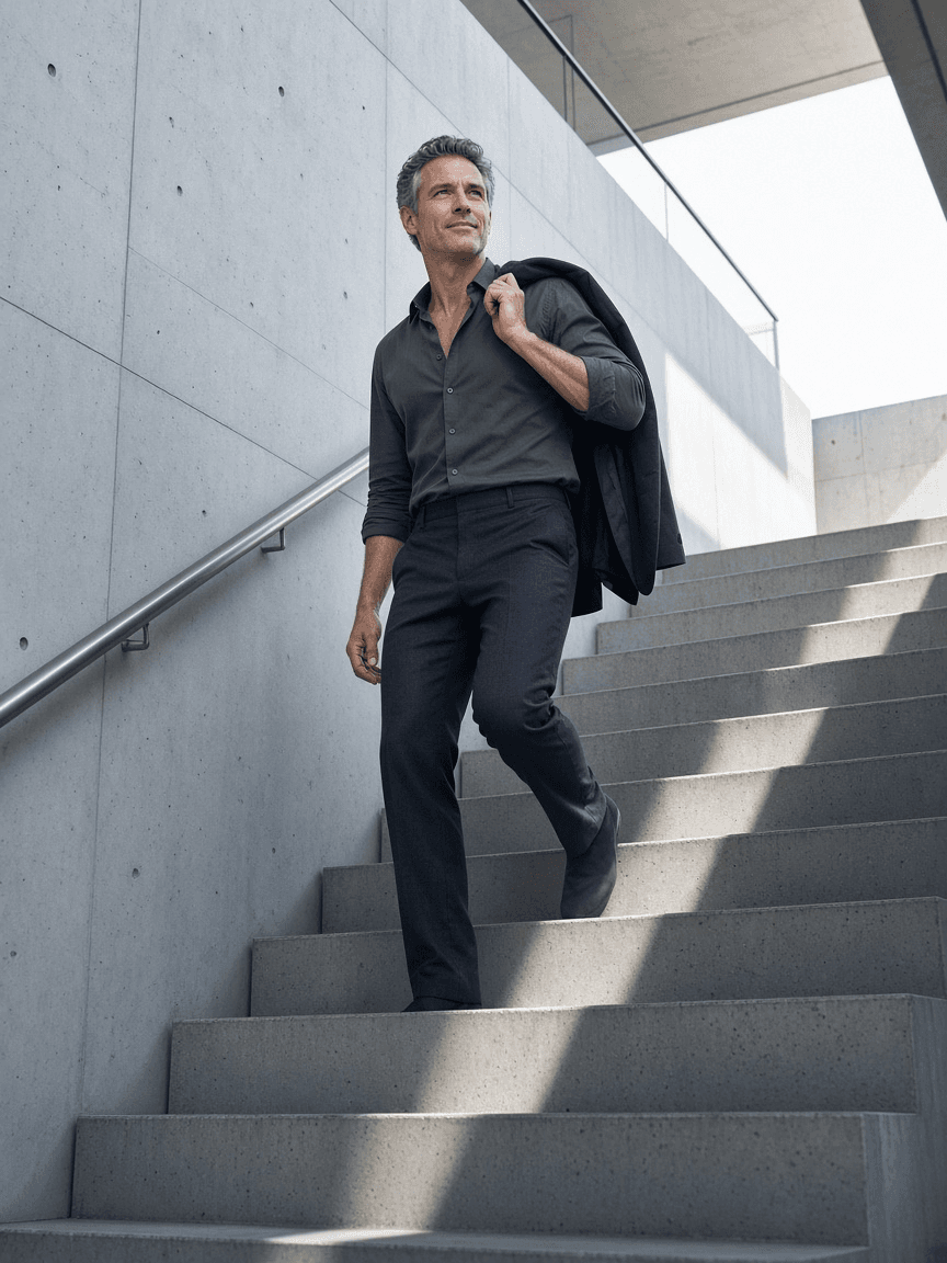 A man in his forties taking a concrete staircase two steps at a time in bright daylight