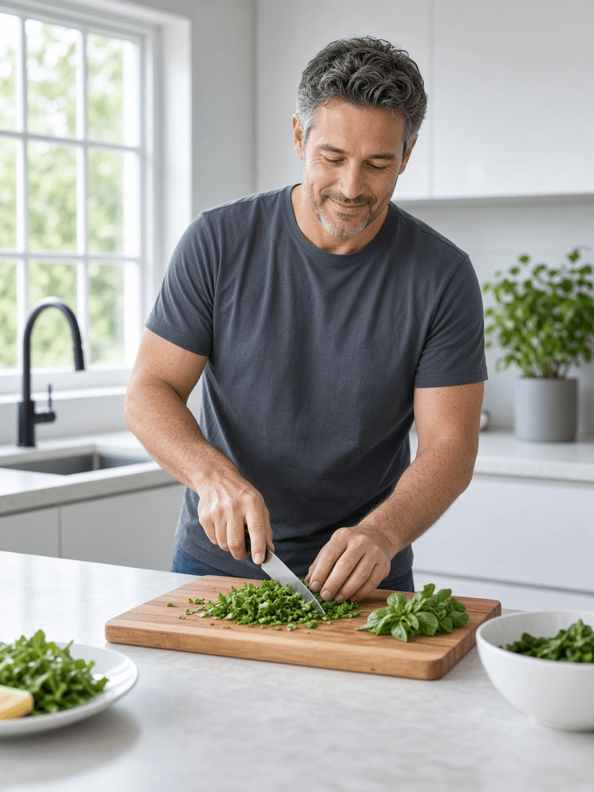 A man in his forties preparing food in a bright kitchen
