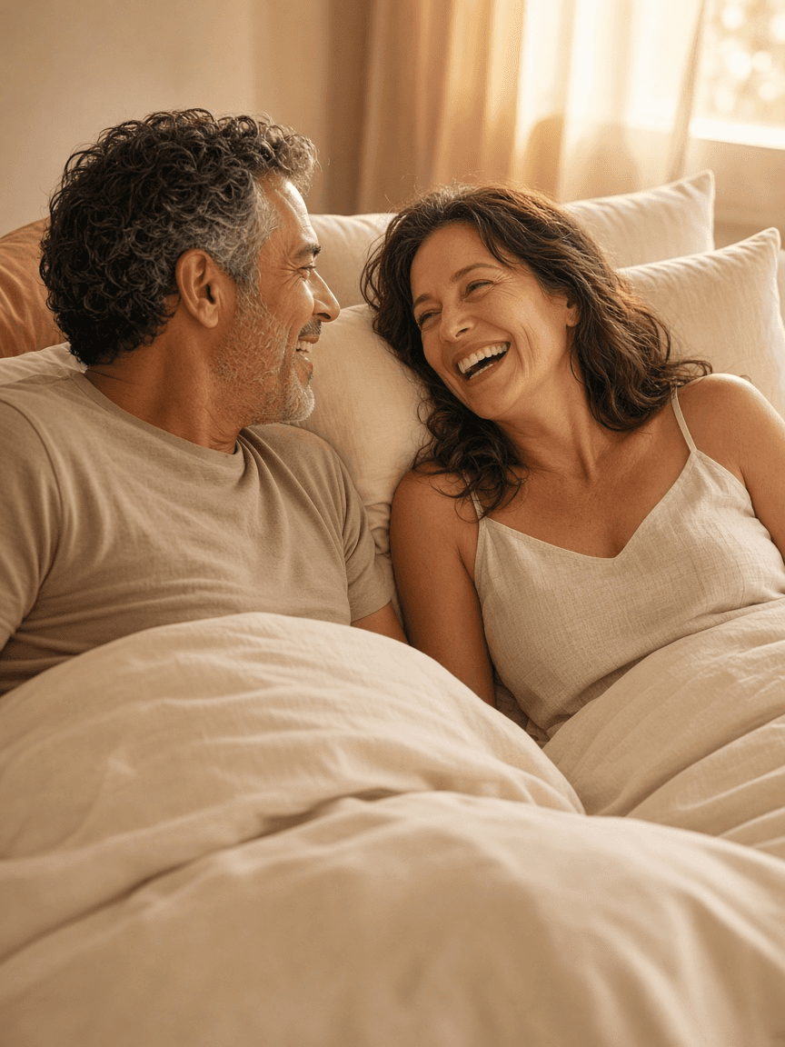 A couple in their forties laughing together in bed in the morning