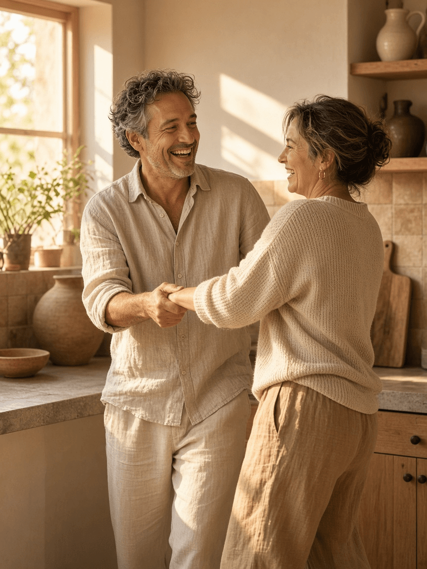 A man catching his wife's hand in a sunlit kitchen, both laughing
