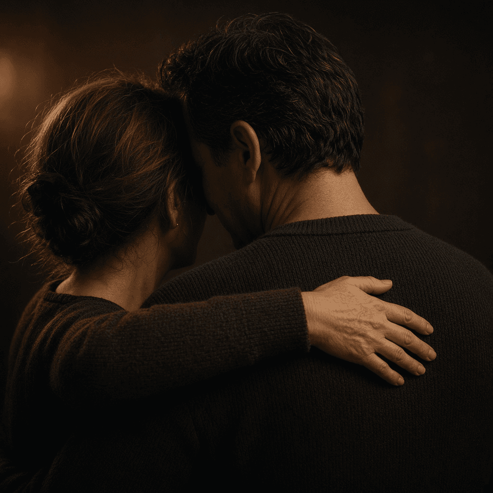 A couple in their forties holding each other closely in low warm light