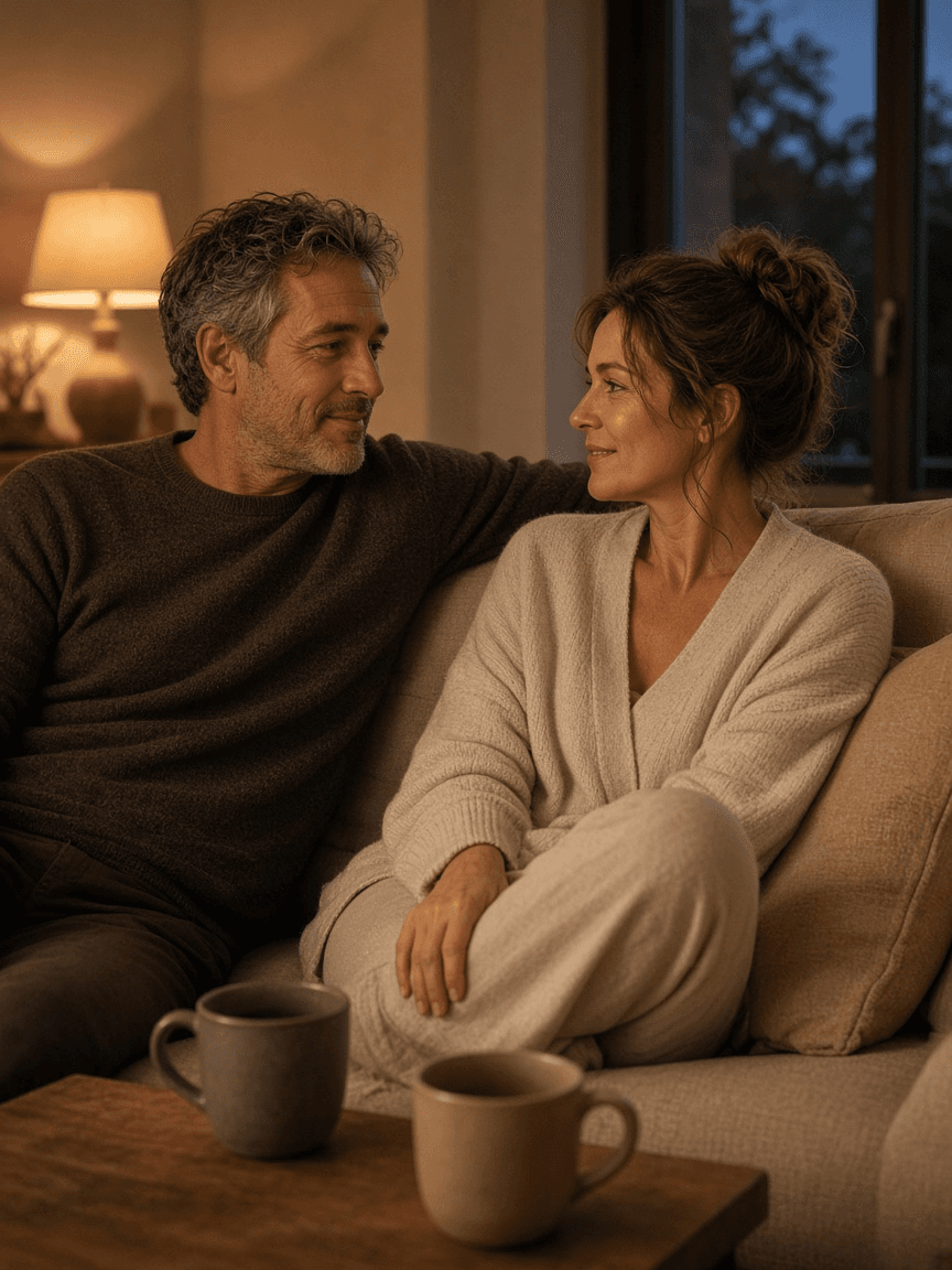 A couple sitting close on a sofa in the evening, talking easily