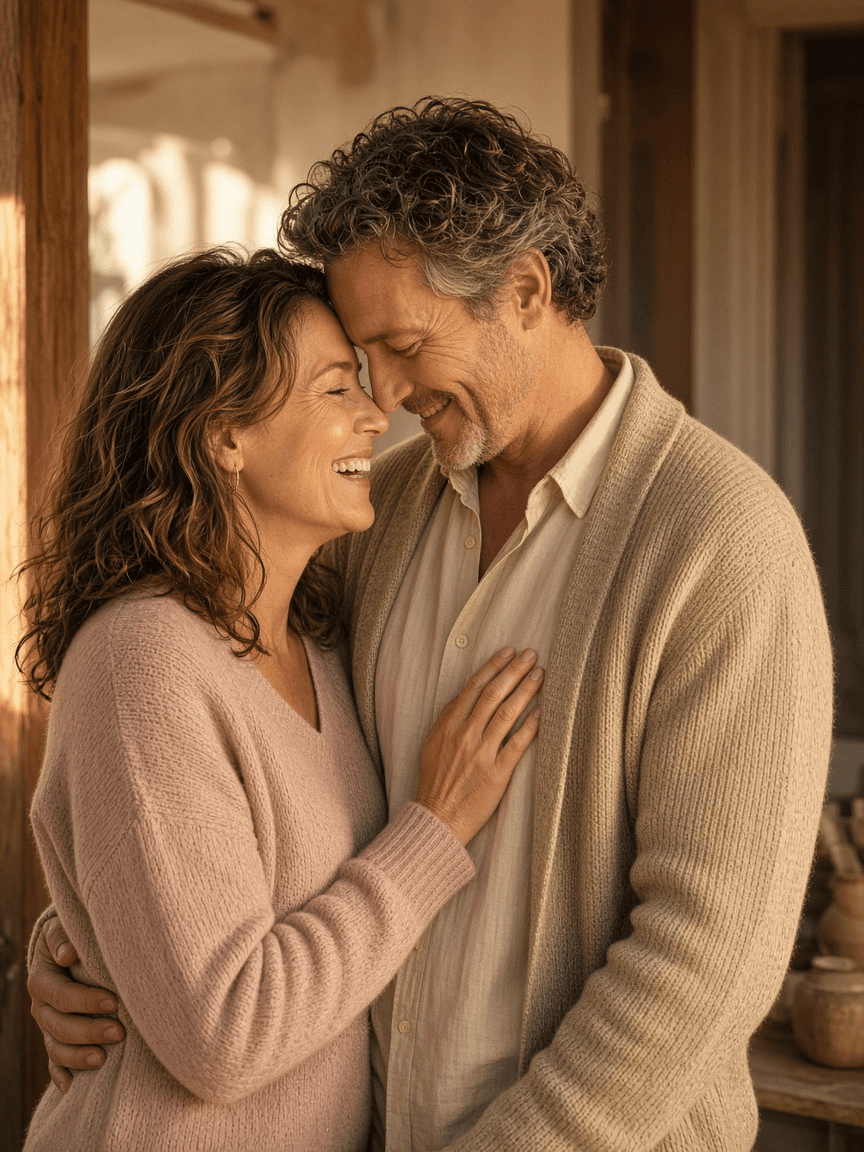 A woman in her late forties laughing closely with her husband in warm afternoon light