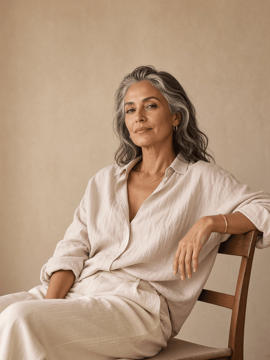 A woman in her late forties seated and looking directly at the camera in soft window light