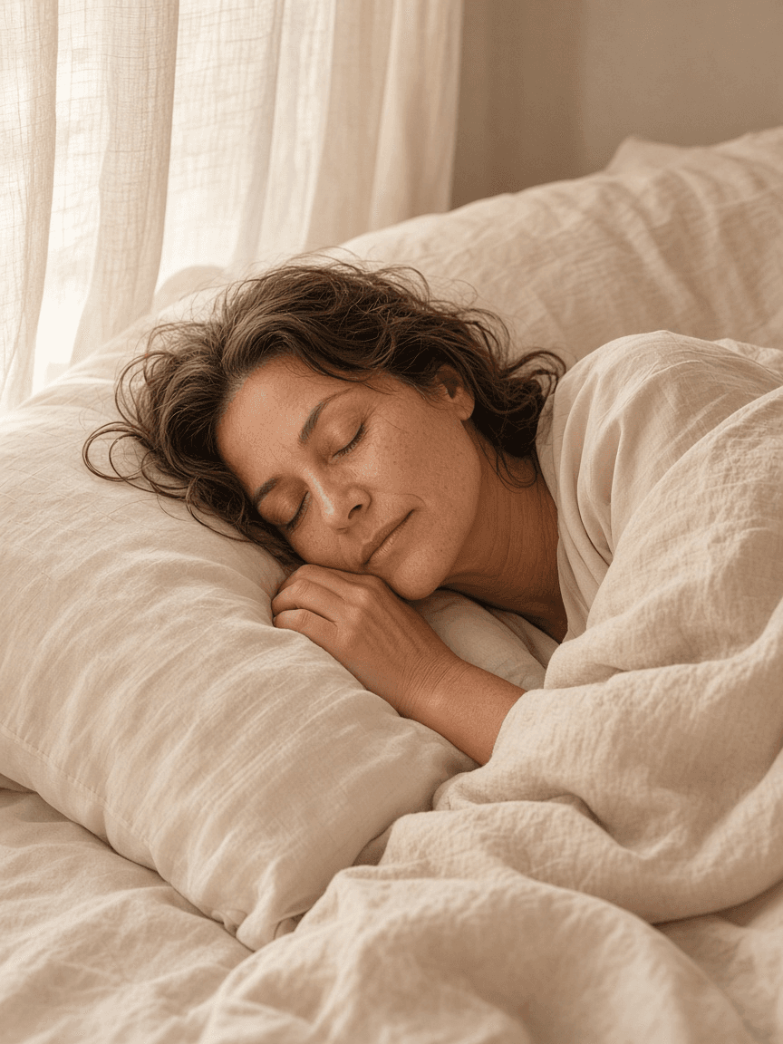A woman in her late forties sleeping peacefully in warm ivory linen at dawn